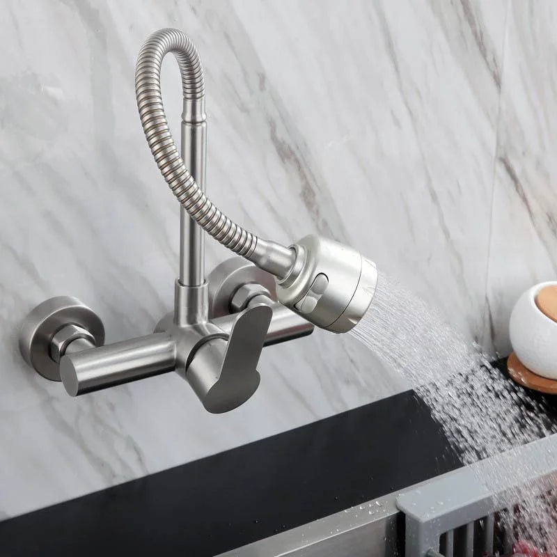 304 Stainless Steel Modern Minimalism Wall-Mounted Kitchen Faucet Hot/Cold Water Omnidirectional Rotating Spout for Sink Laundry
