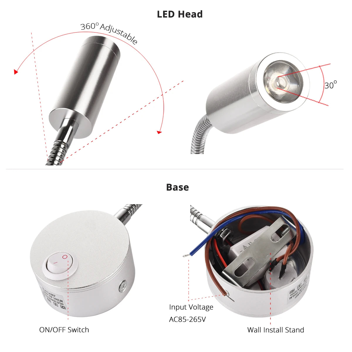 Wall Lamps LED with Switch EU US Plug 3W Modern Reading Bedroom Bedside Lamp Black Silver Flexible