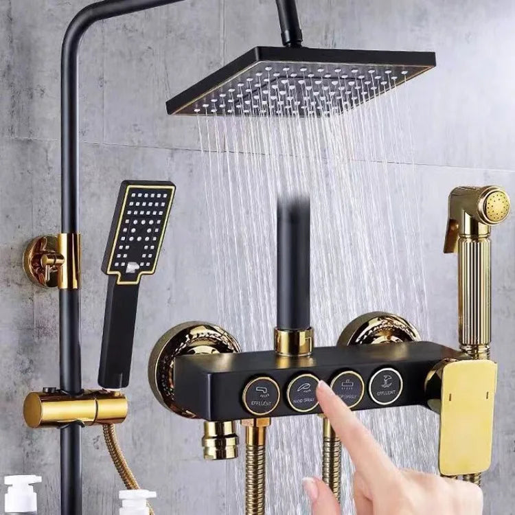 HUBEN Black Gold Button Stainless Steel Ceramic Thermostatic Metered Faucets Single Handle Rainfall Chrome Pressurized Shower