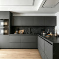 Custom Matte Dark Grey Handleless L Shape Kitchen Cabinets Modern Minimalist Flat Panel With  Countertop for Villa Apartment