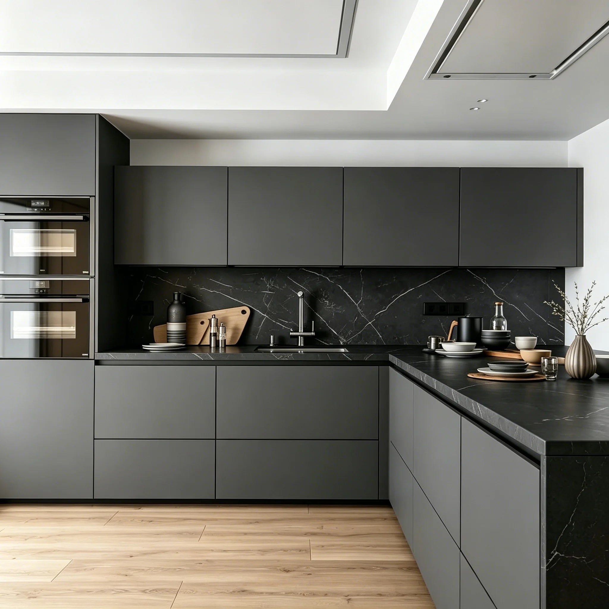 Custom Matte Dark Grey Handleless L Shape Kitchen Cabinets Modern Minimalist Flat Panel With  Countertop for Villa Apartment