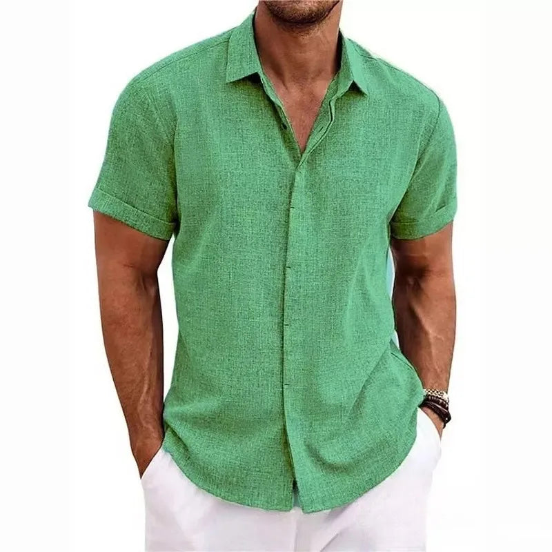 Men's Linen/Cotton Short-Sleeve Loose-Fit Solid Color Beach-Style Plus-Size Shirt Turn-down Collar Beaded Machine Washable