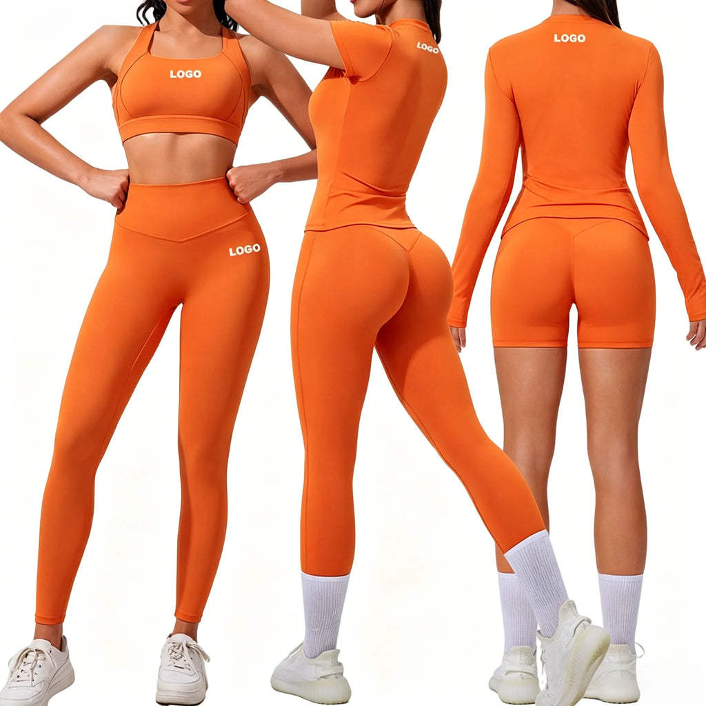 OEM 5 Piece Sets Women's Seamlesss T Shirt Yoga Set Biker Shorts Long Top Gymwear Sports Bra Apparel Gym Leggings Gym Clothes