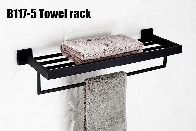 Matt Black Bathroom Hardware Set Kit Accessories Wall Shelf Towel Bar Rack Rail Robe Hanger Toilet Brush Roll Paper Holder Dish