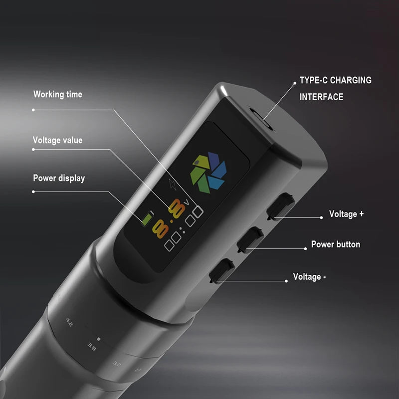 Color Screen Stroke Battery Rotary Tattoo Machine Wireless Tattoo Pen Machine Kit with Cartridge and Practice skin for Body Art