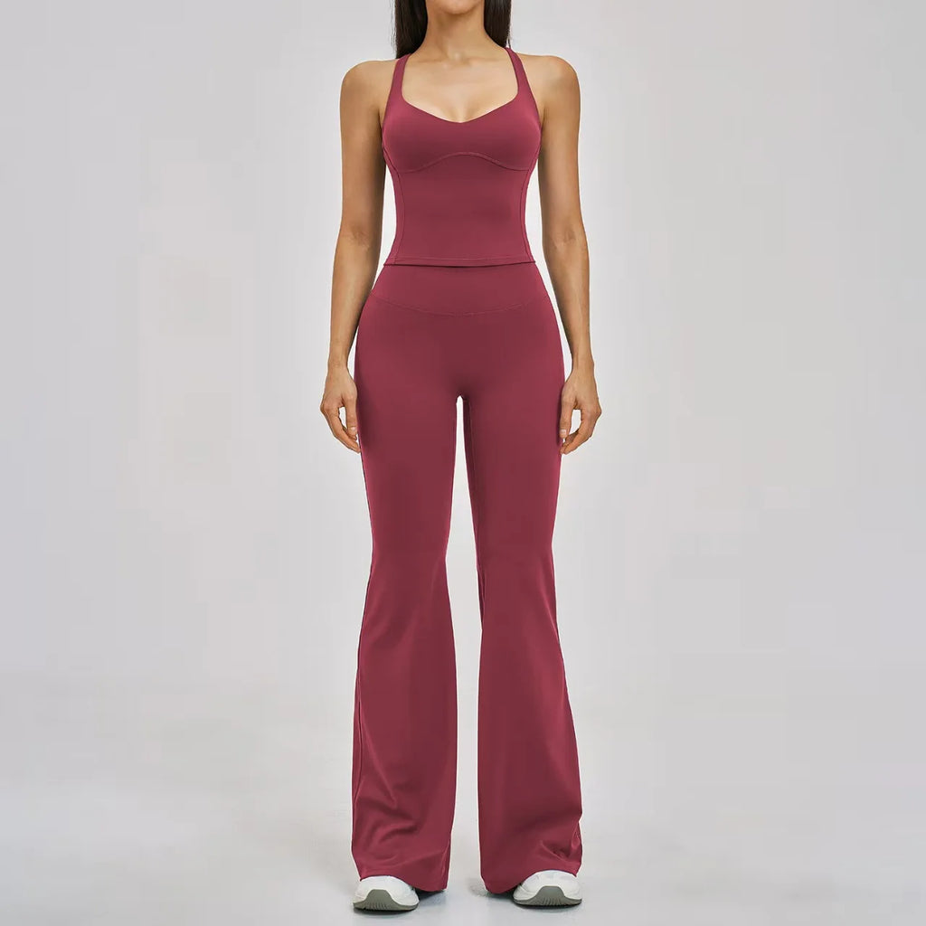 Four Way Stretch 2-Piece Yoga Set V Neck Yoga Tank Top Crisscross Back Slim Fit High Waist Flared Yoga Pants Gym Running Outfit