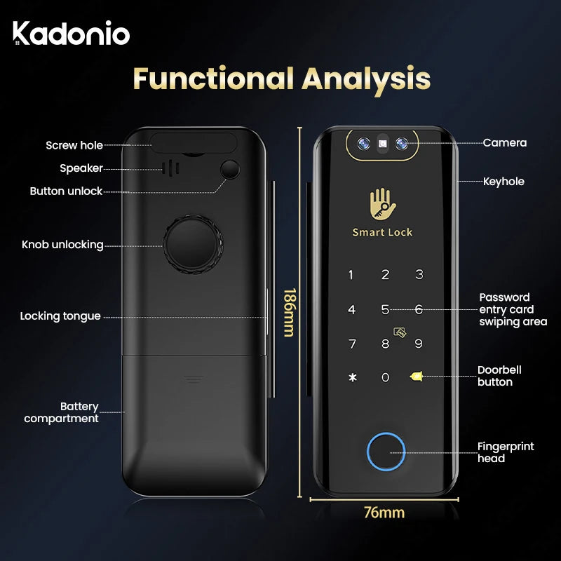 Kadonio Intelligent 3D Face ID Office Electronic Biometric Fingerprint Keyless Digital TTLock APP Smart Sliding Glass Door Lock
