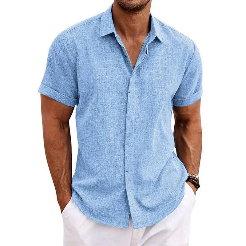 Men's Linen/Cotton Short-Sleeve Loose-Fit Solid Color Beach-Style Plus-Size Shirt Turn-down Collar Beaded Machine Washable