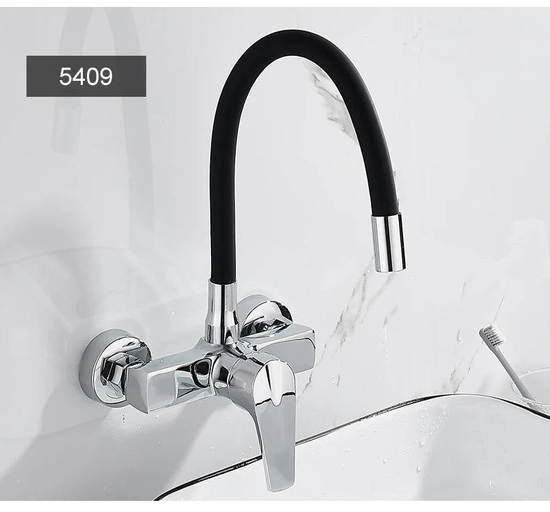 ELLEN Wall Mount Kitchen Sink Faucet Hot Cold Sink Water Mixer Tap 2 Holes Black Faucets 360 Degree Swivel ELK5400