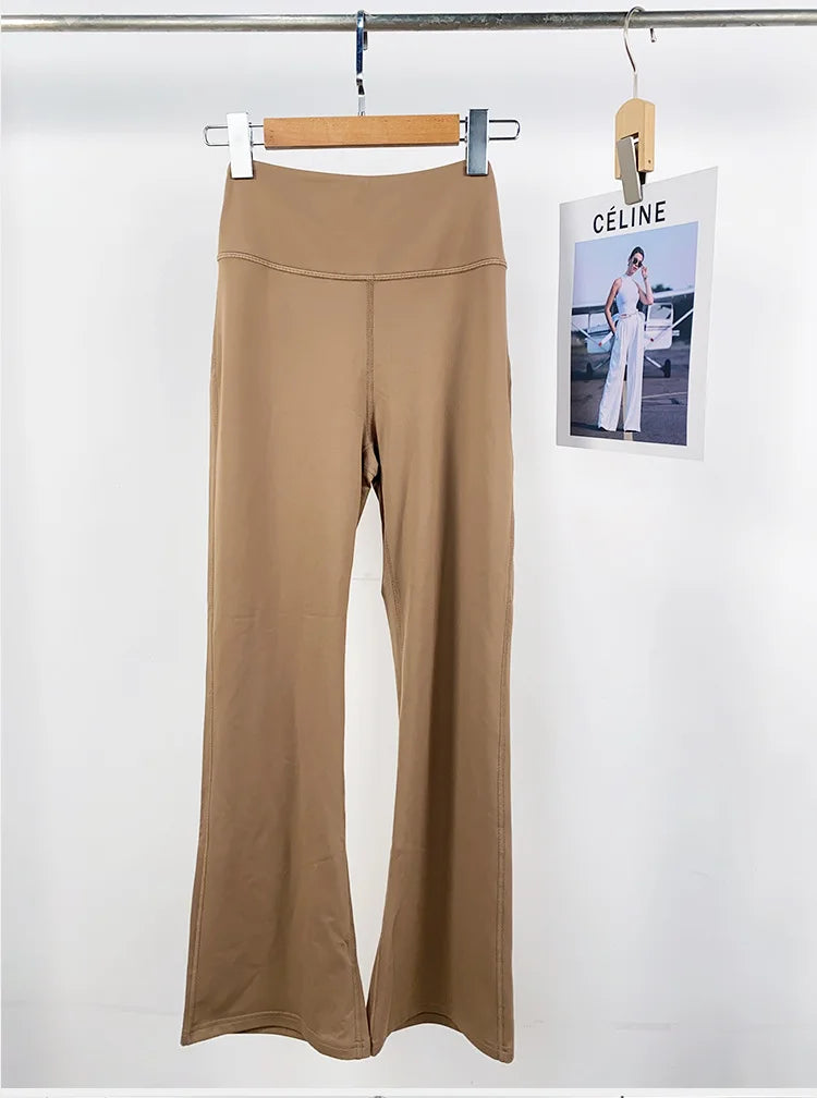 Solid Flared Yoga Sports Fitness Pants Spandex/Nylon High Waist Elastic Slimming Wide Leg Full Length Tummy Control Hip Lifting