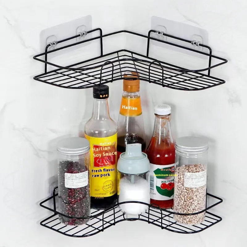 Modern High Quality Self-Adhesive Metal Iron Double Tier Wall Mounted Strong No-Drilling Bathroom Corner Shower Caddy Organizer