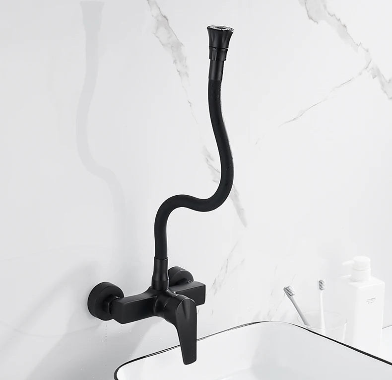 ELLEN Wall Mount Kitchen Sink Faucet Hot Cold Sink Water Mixer Tap 2 Holes Black Faucets 360 Degree Swivel ELK5400