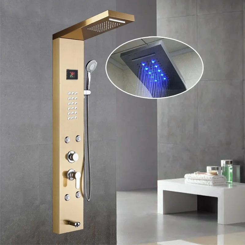 Luxury Hot Sale  Brushed Color Thermostatic Led Rain Shower Head Bathroom Stainless Steel Wall Mounted Waterfall Shower Panels