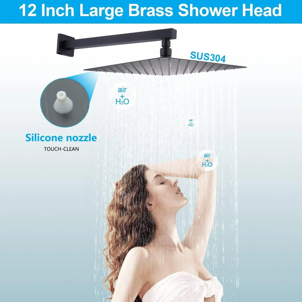 Luxury Matte Black Thermostatic Shower System Set, 12" Rainfall Shower Head with 4 Body Jets and Handheld Spray