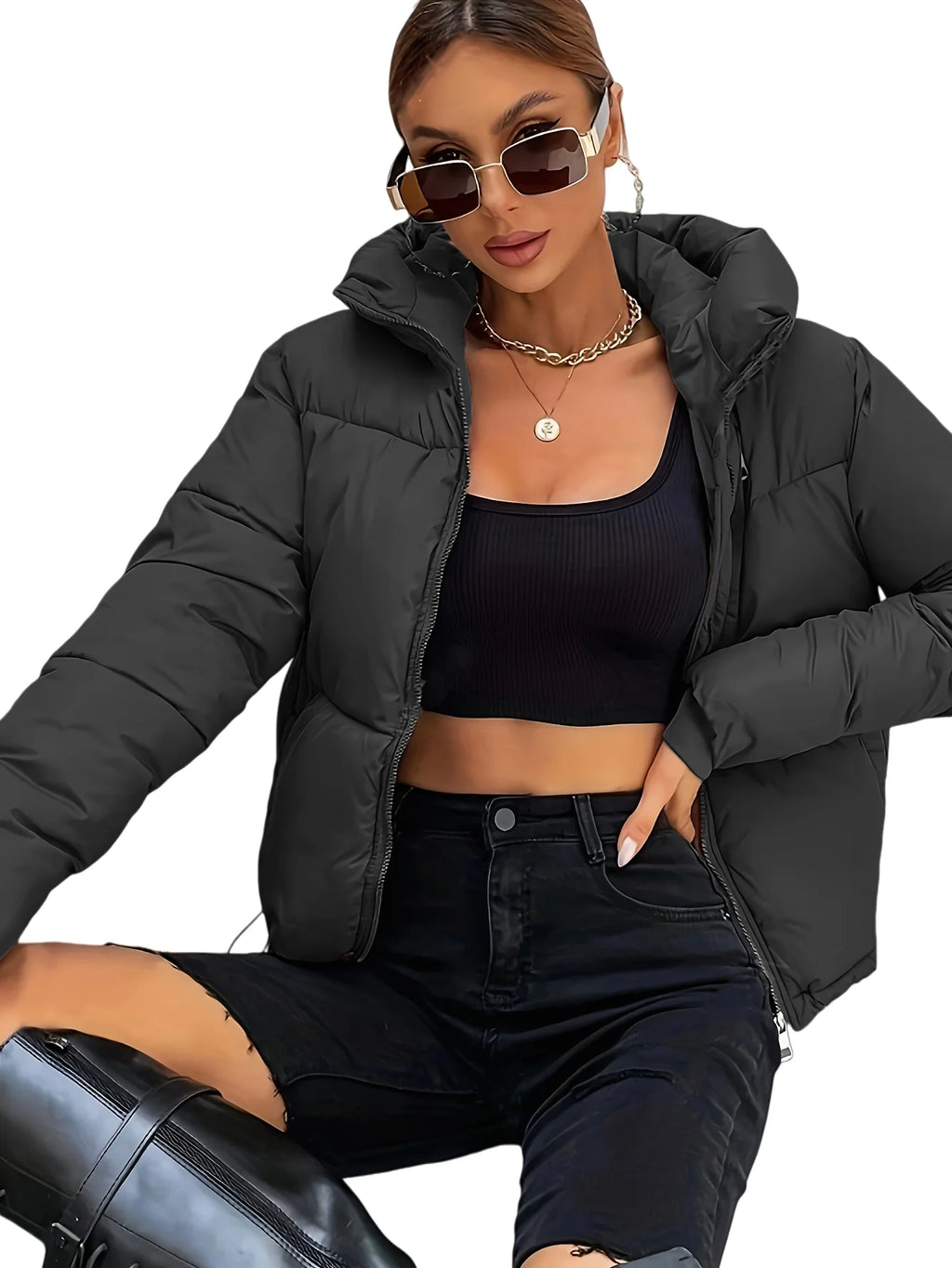 New 2026 Women's Winter Thick Short Casual Jacket with Stand-Up Collar and Zipper Solid-Color Winter Warm Bubble Crop Jacket