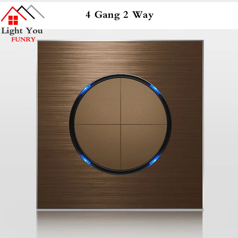1 2 3 4 Gang 1 Way 2 Way Household Wall Switch Socket Aluminum Brushed Brown Panel LED Indicator Switch 86*86mm