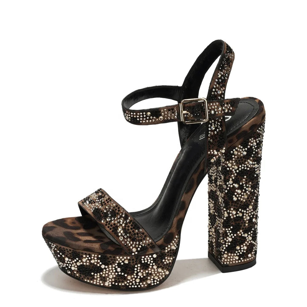 Women Square Toe Rhinestone Sandals Banquet Party Chunky High Heels Wide Fit Thick Platform Leopard Print Shoes