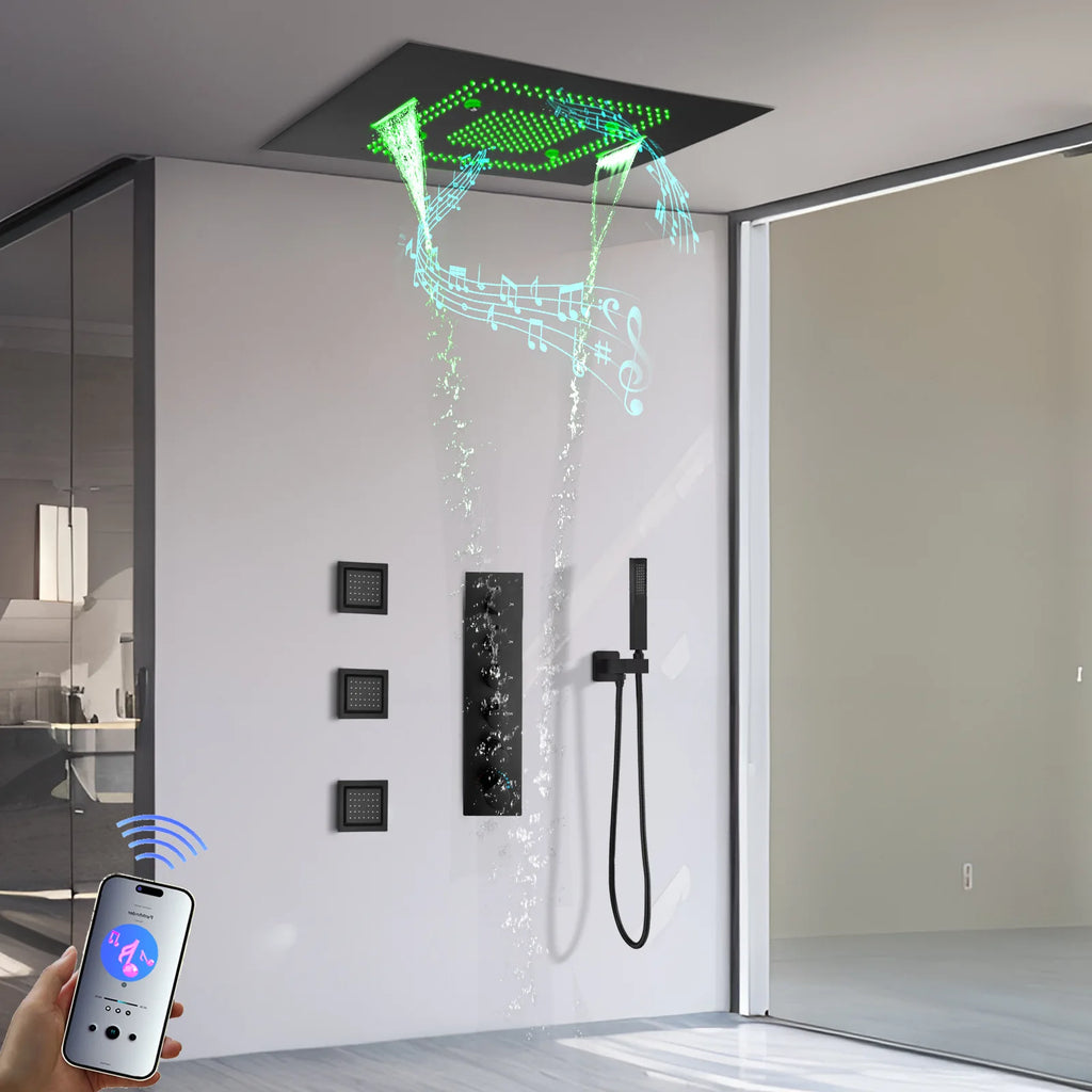 Thermostatic Shower System LED Music Rainfall Waterfall Shower  System Ceiling Mount Multi Function Rain Shower Faucet Set