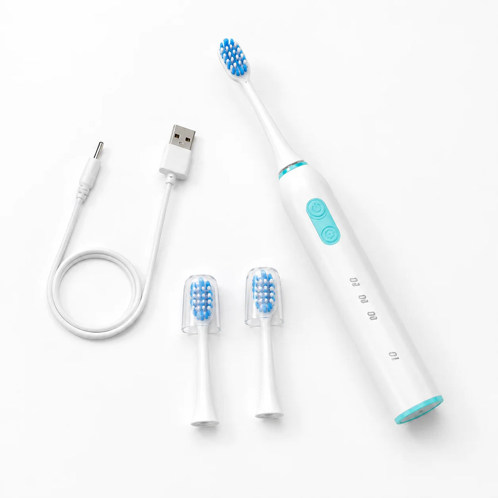 Whitening USB Rechargeable IPX7 Waterproof Sonic Toothbrush with LED Display and Replacement Heads for Travel & Hotel Use