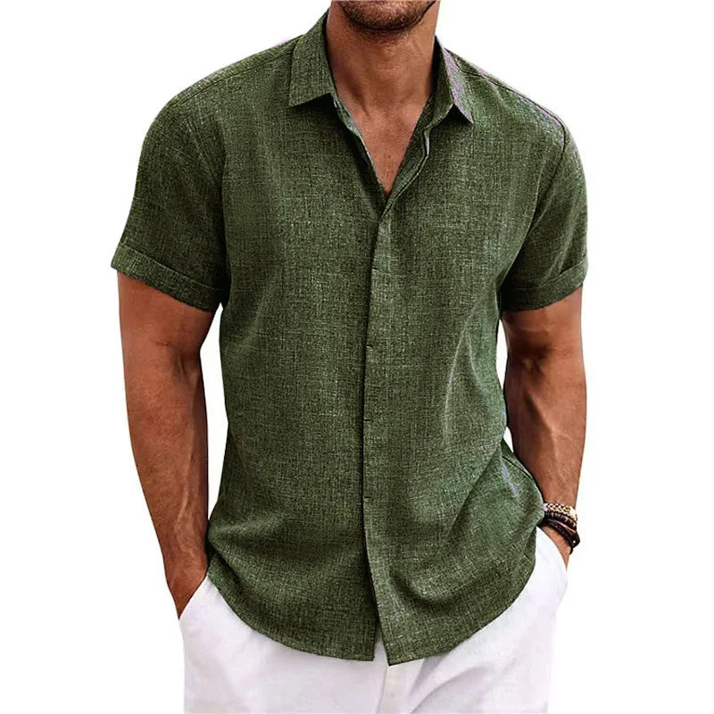 Men's Linen/Cotton Short-Sleeve Loose-Fit Solid Color Beach-Style Plus-Size Shirt Turn-down Collar Beaded Machine Washable