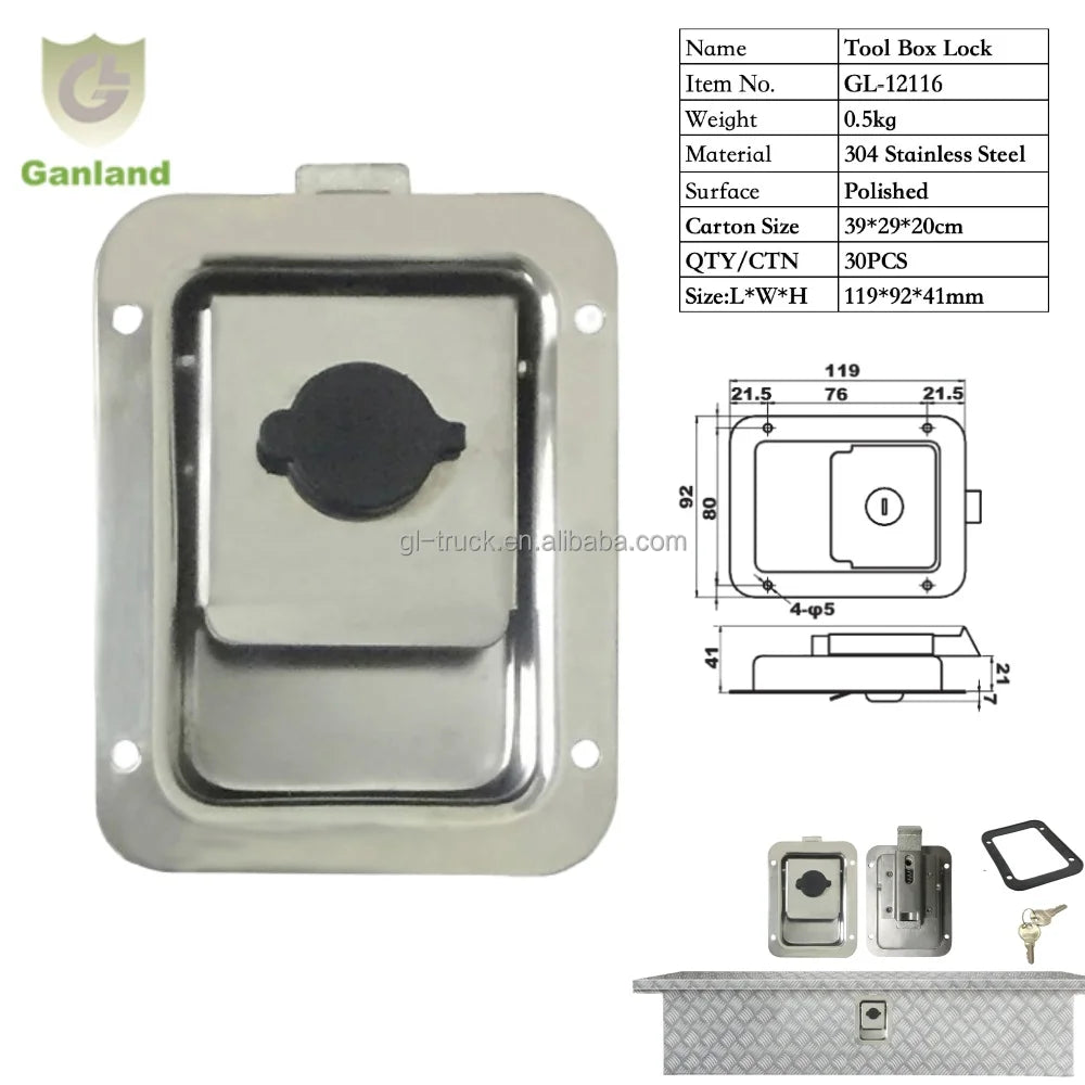 GL-12116  Length 119mm Weight 0.4kgs Polished 304 Stainless Steel Toolbox Latch Truck Door Lock Truck Paddle Handle Locks