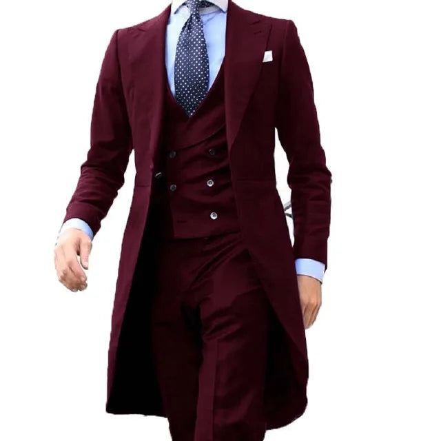 2024 New Arrival l Long Coat Designs Chinese Red Men Suit Gentle Men Tuxedo Prom Blazer Custom 3 Pieces (Jacket+vest+Pants)