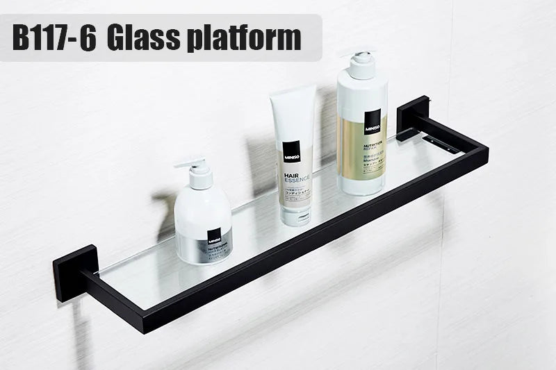 Matt Black Bathroom Hardware Set Kit Accessories Wall Shelf Towel Bar Rack Rail Robe Hanger Toilet Brush Roll Paper Holder Dish