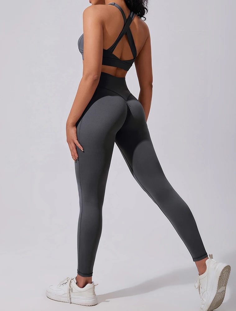Workout Yoga 2-Piece Set Solid Eco-Friendly Spandex/Nylon Quick Dry Sports Bra High-Waisted Tummy Control Leggings for Women Gym