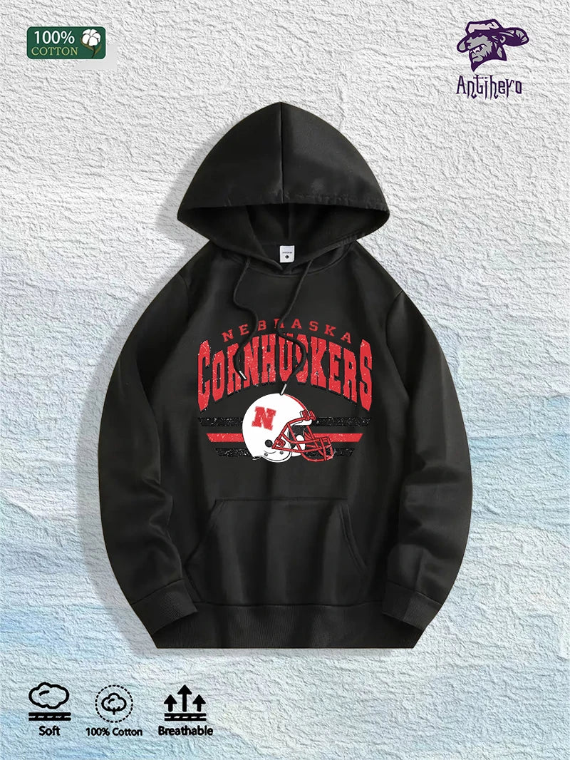 US Local Warehouse: 100% Cotton Retro Nebraska Football Graphic Hoodie, 7 Colors