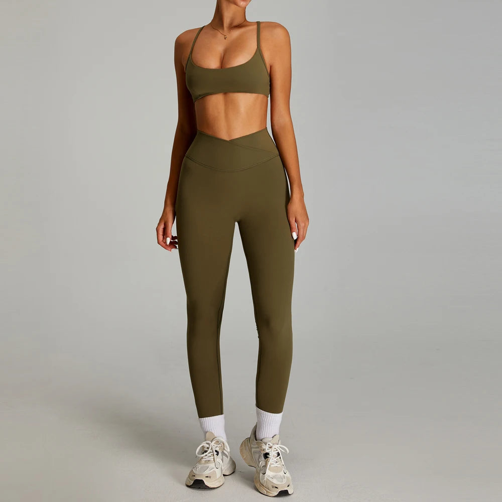 High Quality 2 Piece Cross V-shaped Waist Leggings Women Activewear Fitness & Yoga Wear Sports Bra Gym Fitness Sets