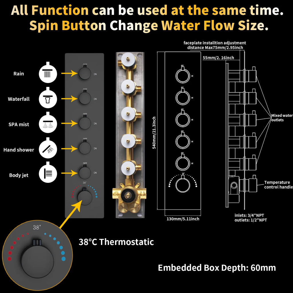 Thermostatic Shower System LED Music Rainfall Waterfall Shower  System Ceiling Mount Multi Function Rain Shower Faucet Set
