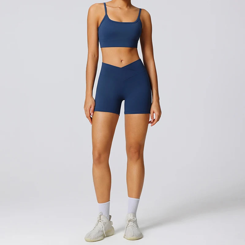 Tiktok Hot Female Quick-Drying Training Shorts Bra Set Sexy Sports Bra Crossover Waist Women Workout Shorts 2 Piece Gym Yoga Set