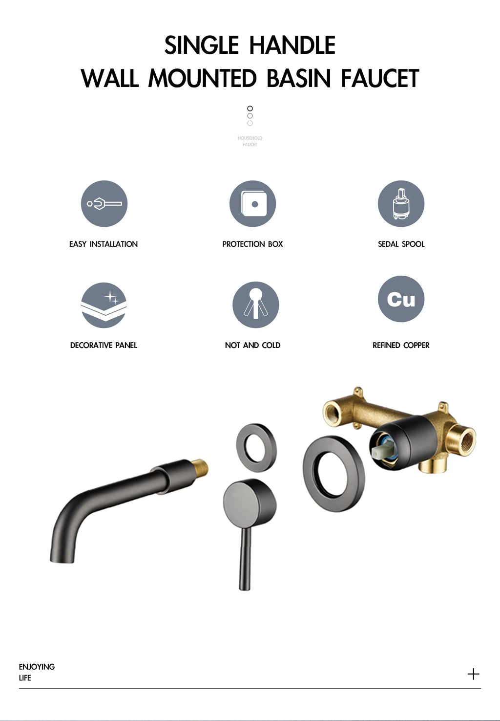 Modern Wall-Mounted Black Brass Bathroom Faucet with Concealed Design 2-Hole Single Handle Cold and Hot Dual-Control Basin Tap