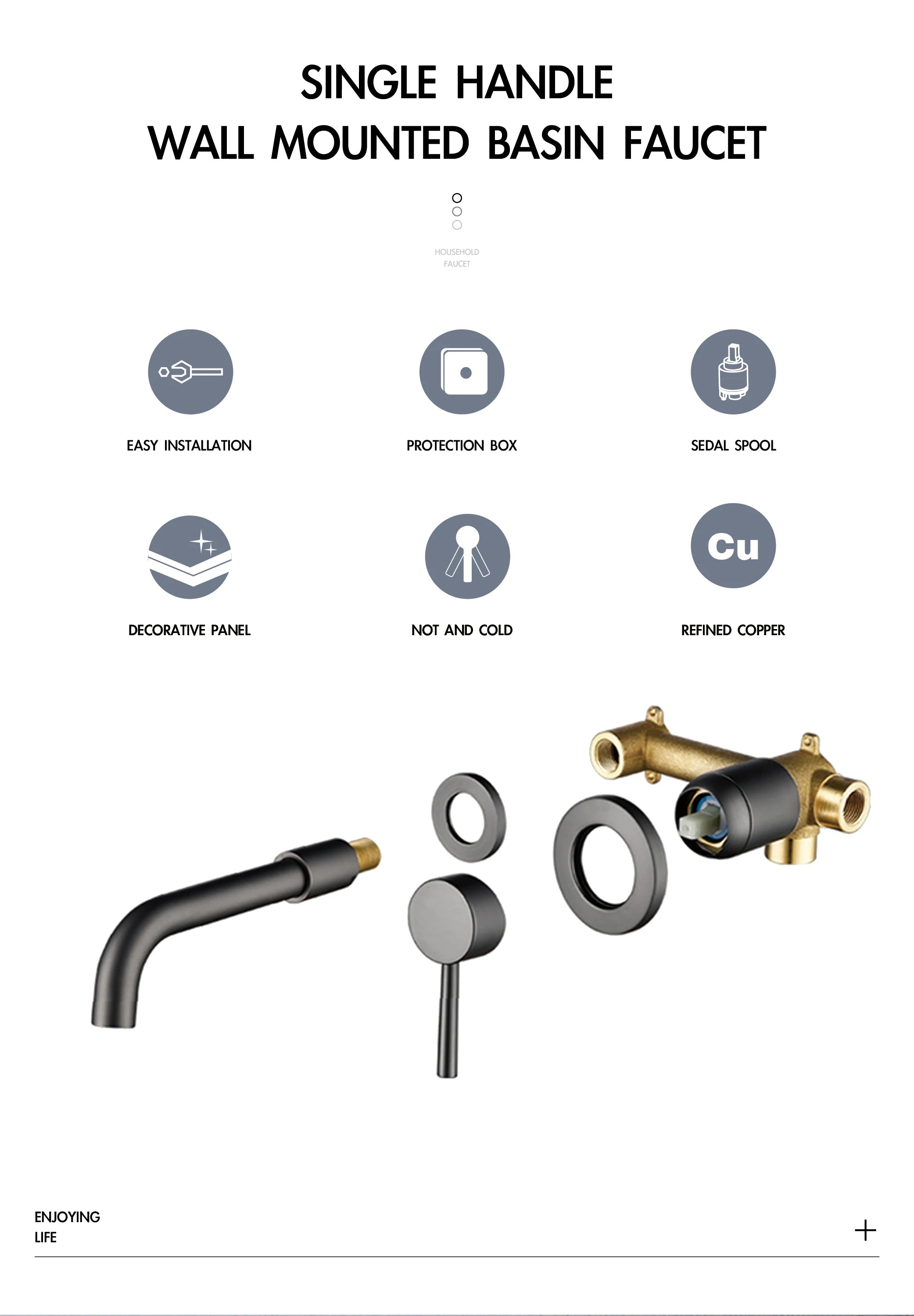 Modern Wall-Mounted Black Brass Bathroom Faucet with Concealed Design 2-Hole Single Handle Cold and Hot Dual-Control Basin Tap