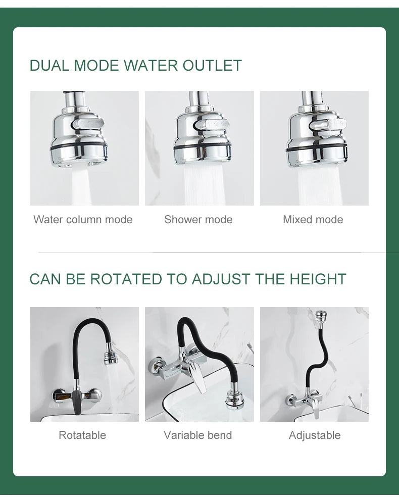 ELLEN Wall Mount Kitchen Sink Faucet Hot Cold Sink Water Mixer Tap 2 Holes Black Faucets 360 Degree Swivel ELK5400