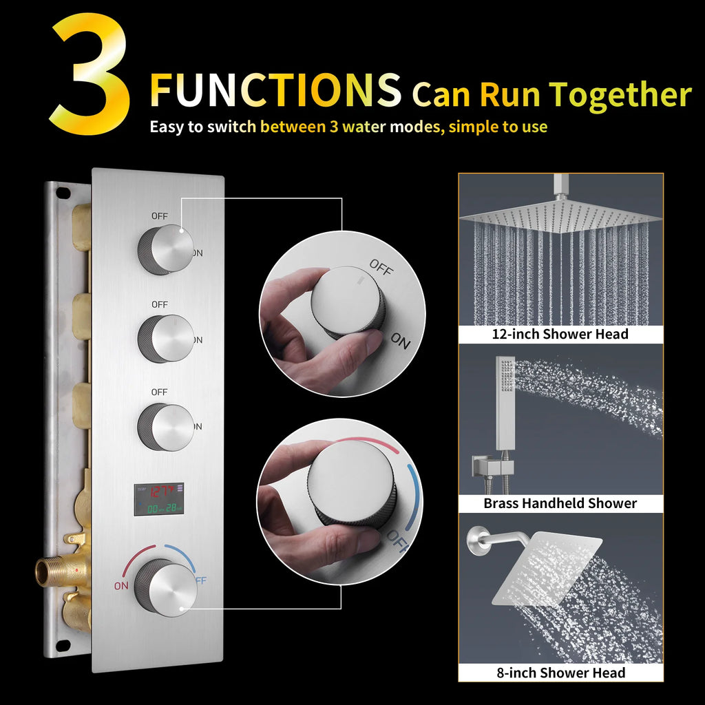 3 Functions Digital Display Thermostatic Shower System Brushed Nickel Brass Shower Set Rainfall Shower Faucet Set with Body Jets