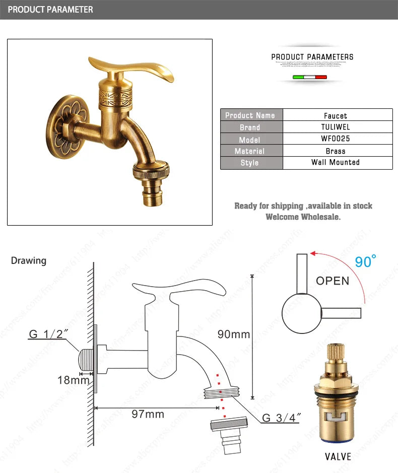 Antique Brass Bathroom Wall Mount Sink Basin Cold Water Faucet Tap G 1/2 Inch Outdoor Garden Hose Faucet Mop Sink tap TWL031