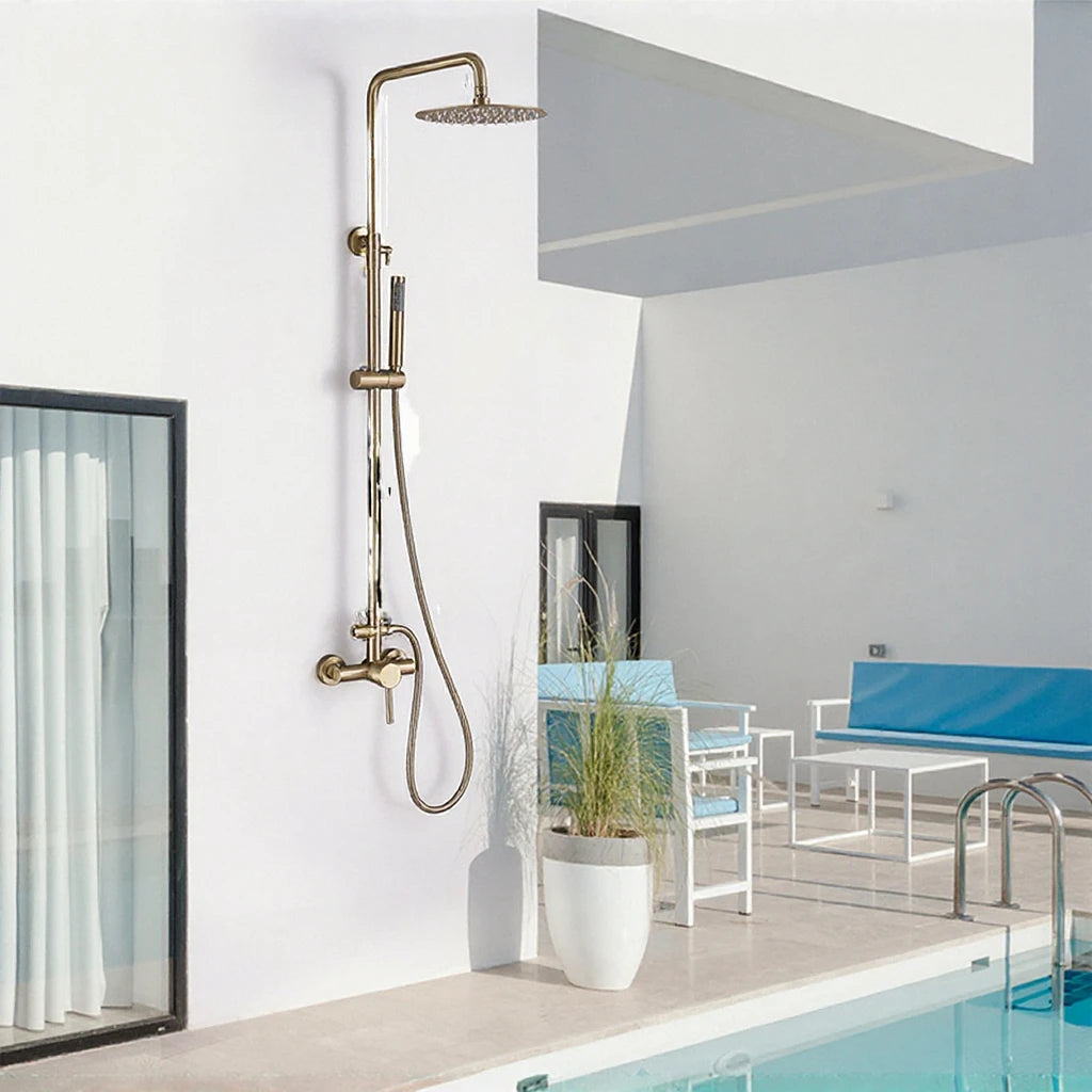 Wall Mounted Outdoor Shower Set Mixer System Brushed Gold Brass Dual Handle 10-Inch Rainfall Shower with Slide Bar for Pool