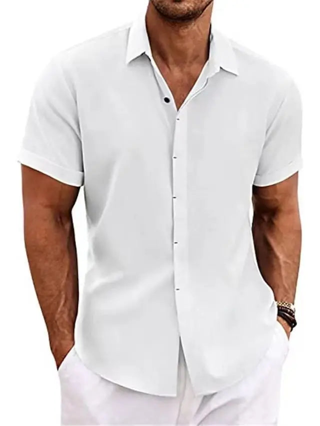 Men's Lapel Cotton Hemp Cardigan Short Sleeve High Quality Solid Color Shirt Summer Home Short Sleeve Sehe Fashion