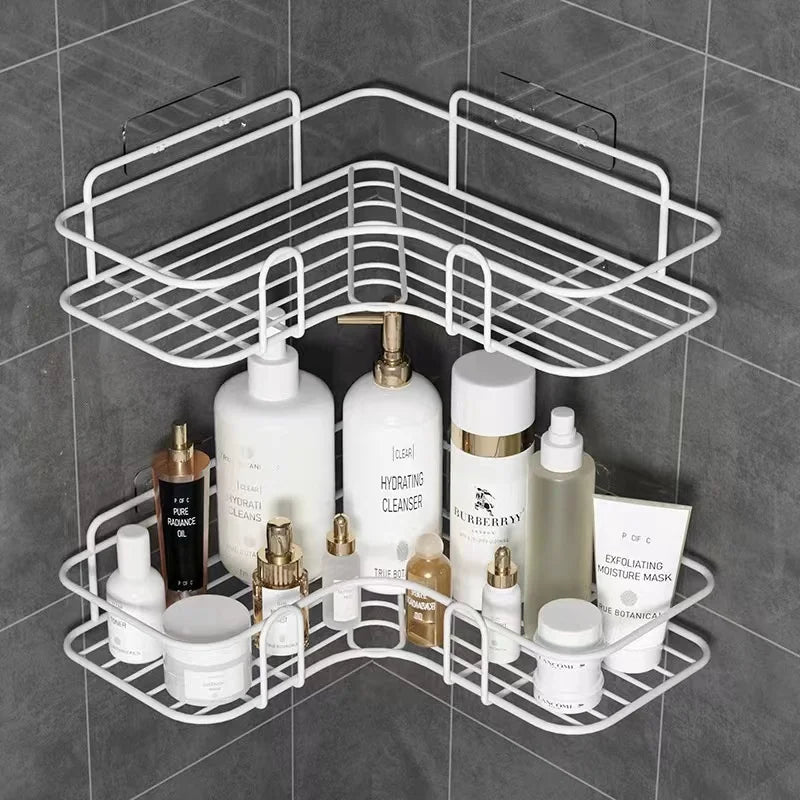 Modern High Quality Self-Adhesive Metal Iron Double Tier Wall Mounted Strong No-Drilling Bathroom Corner Shower Caddy Organizer
