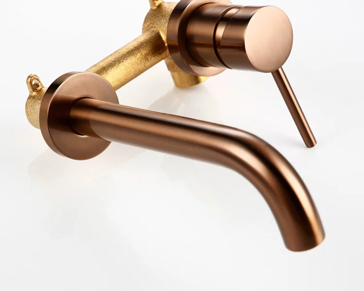 Wall Mounted Spout Basin Faucet Solid Brass Brushed Rose Gold Bathroom Bathtub Shower Mixer For Lavatory Sink Brushed gold Taps