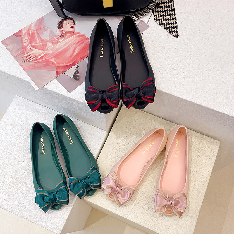 Women's Flat Shoes 2022 New Summer Shallow Soft Bottom Bow Casual Loafers Fish Mouth Plastic Jelly Shoes