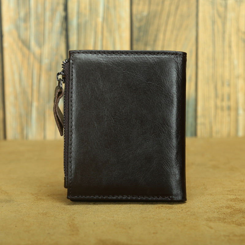 Shikangxin Vintage Genuine Leather Wallet Men's Short Wallet Multifunctional Zipper Bag Casual Oil Wax Cowhide Wallet