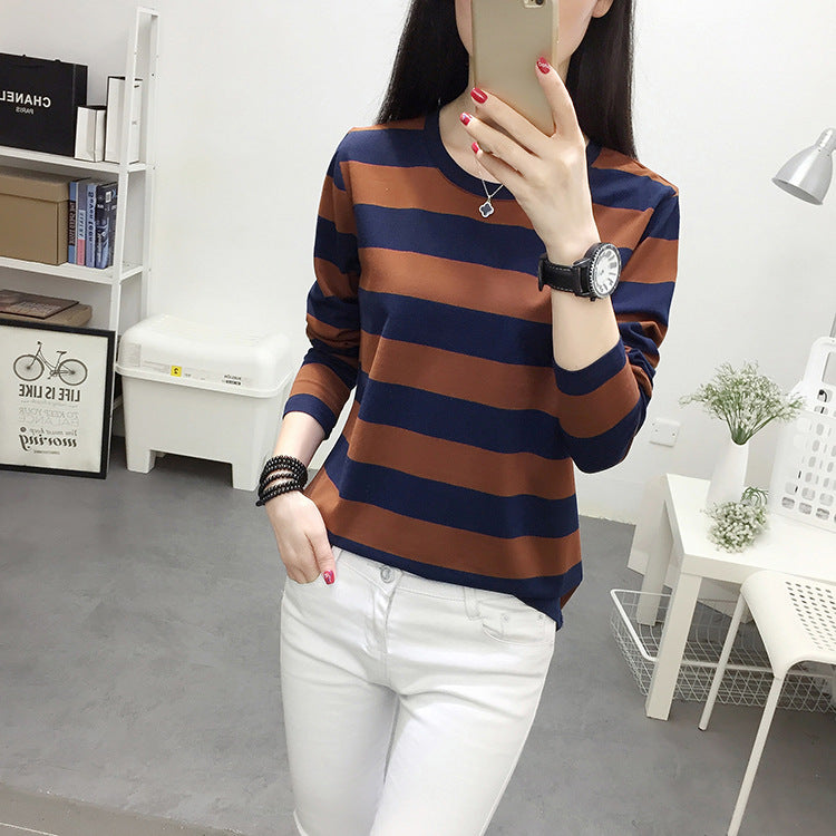 Autumn chubby girl Plus Size Large Size Loose Cotton Long-sleeved T-shirt Women's Middle-aged Mother Base Shirt Striped Top