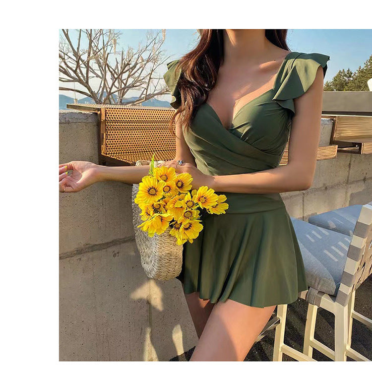 2025 New Swimsuit for Women, Belly-Covering, Slimming Look, One-Piece Skirt-Style Steel Support Push-Up Student Conservative Hot Spring Swimsuit