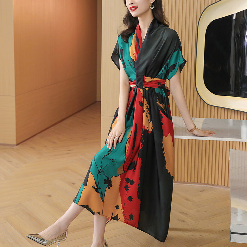 Simple Style Women's High-end Tea Break French dress Summer Short-sleeved 2022 Elegant Printed Large Dress