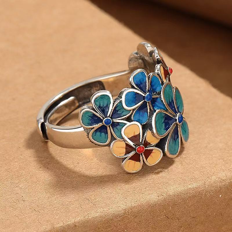 Chinese Style Blooming Flower Ring for Women, Retro Ethnic Style Open Adjustable Creative Index Finger Ring