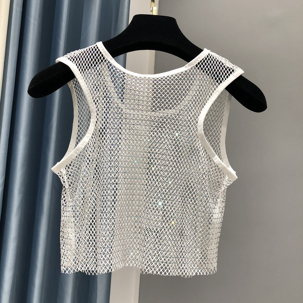 Summer new net diamond crystal I-shaped vest AB colored diamond short version party bling shiny exposed waist top