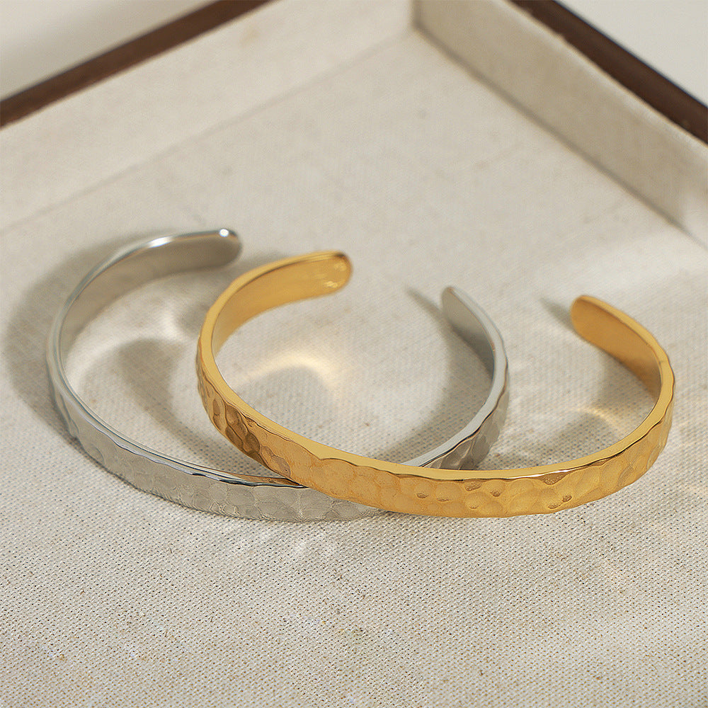Casual Style Personalized Geometric Jewelry Niche Hammered Texture Design Titanium Steel Gold-Plated Open Bracelet Titanium Steel Bracelet