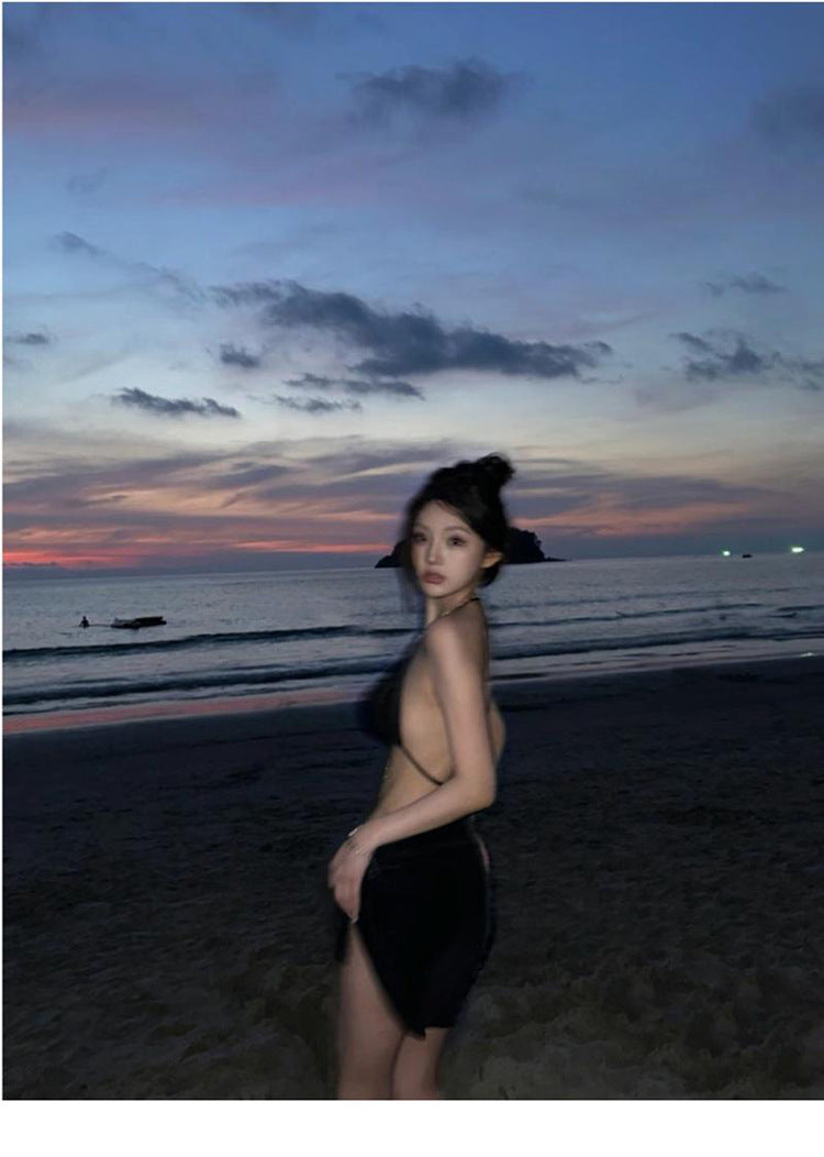 Black Chain Swimsuit Women's Bikini Three-Piece Split Beautiful Back Swimsuit Hot Spring Beach Vacation Halter Sexy